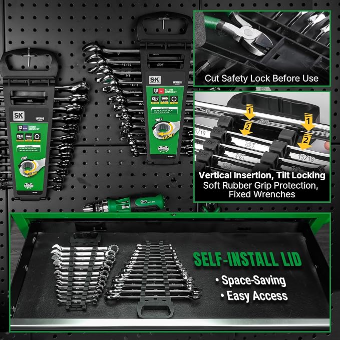 SK Ratchet Wrenches Set, SAE 1/4" to 1", Metric 8 to 19mm, 25-Piece | Ratcheting Wrench Set, Combination Wrench Set, 72-Tooth, Chamfered Head Design, Premium CR-V Steel, with Rack Organizer