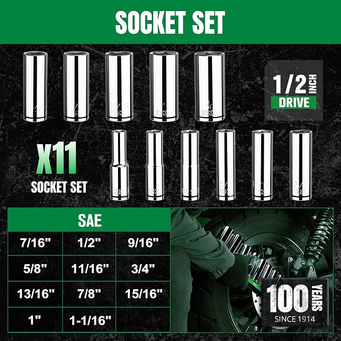 SK 1/2" Drive Socket Set, Deep SAE Sockets, 11-Piece 7/16" to 1-1/16" | SuperKrome Finish, Premium CR-V Steel, with Aluminum Socket Organizer