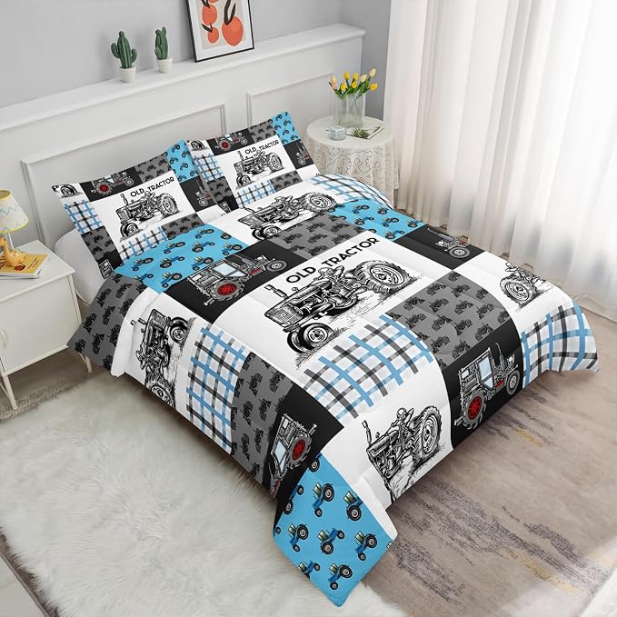 Axolotl Tractor Comforter Set King Size,Cartoon Truck Car Comforter Set for Boys,Farm Excavator Bedding with Old Tractor for Kids Boys Teens Adults,All Season,1 Quilt 2 Pillowcases