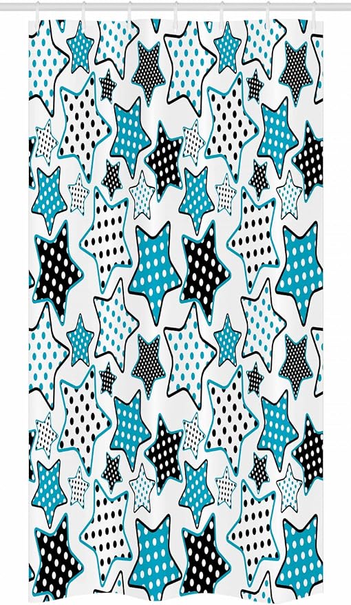 Ambesonne Cartoon Stall Shower Curtain, Stars Shapes Cartoon Illustration Geometry Cheer Celebration, Fabric Bathroom Decor Set with Hooks, 36" W x 72" L, Petrol Blue Black White