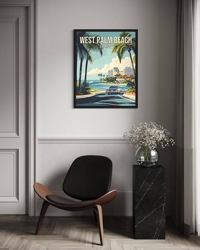 West Palm Beach Florida Wall Art Print Poster, US Vintage Retro Beach Scenery Posters Prints for Restroom Home Picture Painting Artwork Gallery 219 (West Palm Beach Florida, 16 x 20 inches, Black Frame)