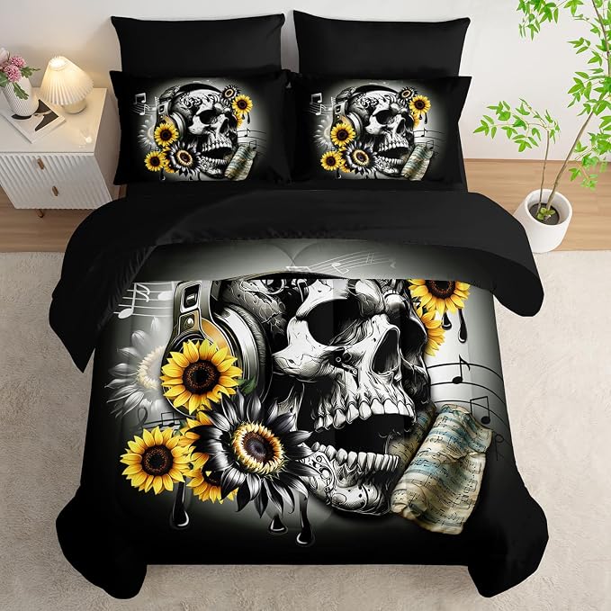 Gothic Skull Full Size Comforter Set 7 Pieces,Skull with Headphones Print Bedding Set for Adults Kids Bedroom Decor,Music Sunflower Bedding with Comforter,Fitted Sheet,Flat Sheet,Pillowcases.