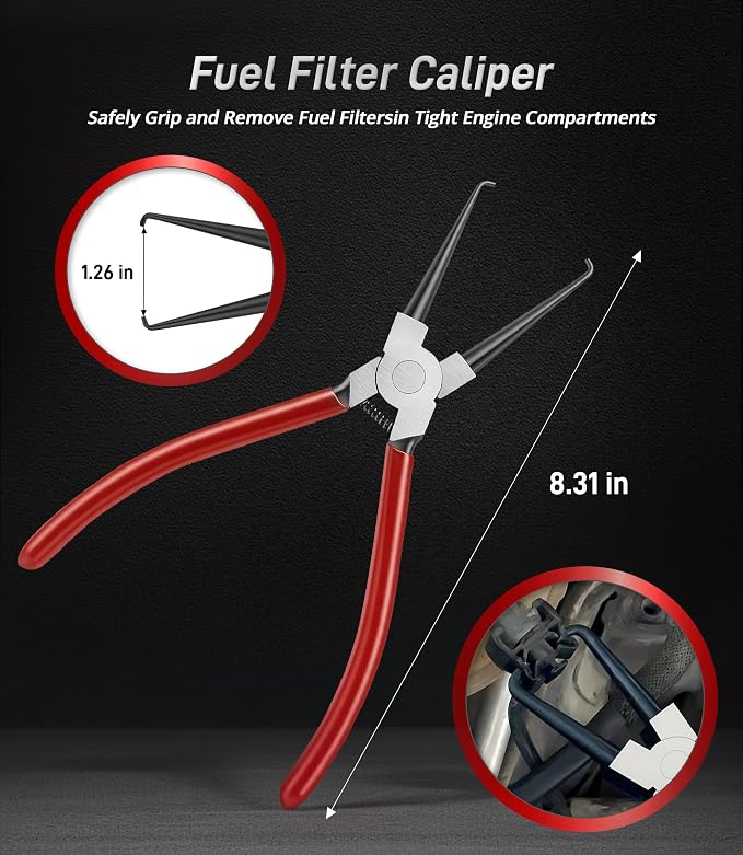 Fuel Line Pliers Set 8 Pcs, Fuel Line Hose Clamp Removal Plier, Push Pin Tools, Relay Puller, Panel Clip Remover & Filter Caliper, Spring Clamp Pliers for Fuel System Maintenance.