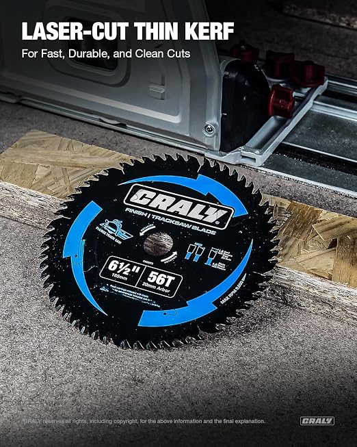 CRALY 6-1/2 Inch 56 Teeth Track Saw Blade, Ultra Finish Wood Cutting Plunge Circular Saw Blade, 5/8 Inch Arbor, Carbide Tipped, Thin Kerf, Black Ice™, for Plywood, MDF, OSB, Laminated(C0656TS)