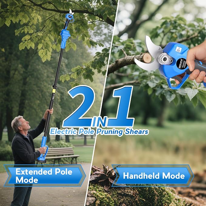 AZZUNO 20V 2-IN-1 Electric Pole Pruning Shears: 1.4 Inch Cordless Long Handle Pruner 13ft Reach, Brushless Branch Cutter with LCD Display for Tree Trimming Gardening (2Pcs 2.0Ah Batteries and Charger)