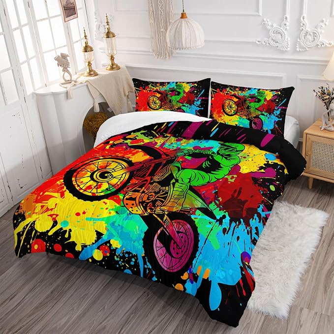 Axolotl Motocross Bedding Set Queen,Dirt Bike Comforter Set,Extreme Sports Bedding,Motorcycle Racer Comforter Set Motocross Comforter Motor Vehicles Biker For Boys Kids Teens Men,1 Quilt 2 Pillowcases