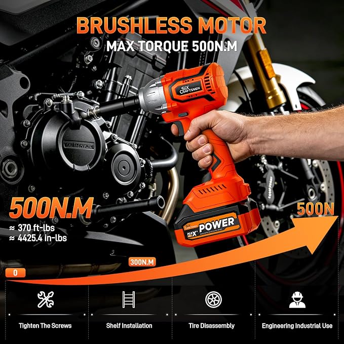 Cordless Impact Wrench, 369ft-lbs(500N.m),1/2” Brushless Impact Gun, Power Impact Driver Kit with 4.0Ah Battery & Fast Charger, Electric Impact Driver Set for Motorcycle/DIY Furniture