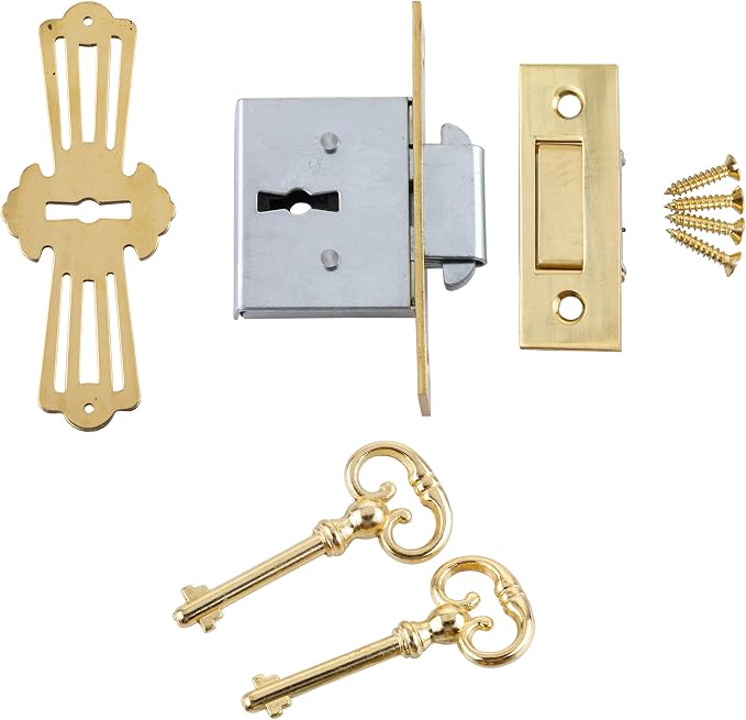 Brass Square Full Mortise Lock w/Two Skeleton Keys for Roll Top Desk - Antique Furniture Hardware | UA-031-L