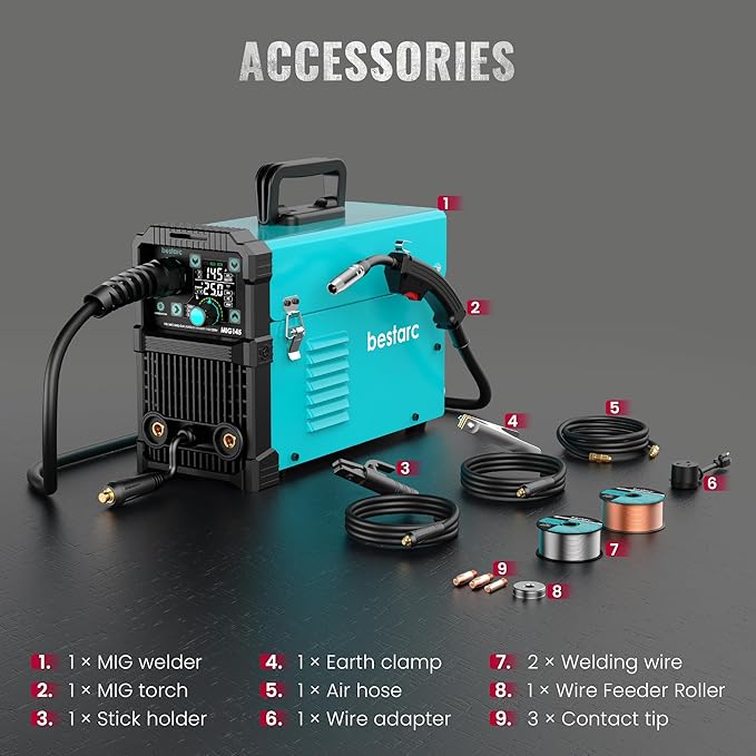 bestarc 145A MIG Welder, 110V 220V 4 in 1 Gas/Flux Core MIG/Lift TIG/Stick Welder Machine, Large LED Display Welding Machine, IGBT Inverter Welder MIG145 Soild Gasless Synergy MIG Welder