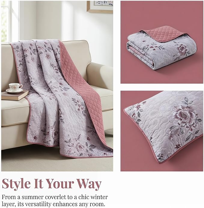 Boho Floral Quilt Set Queen Size, Lightweight Microfiber Bedspread Coverlet, Soft All Season Bedding with 2 Pillow Shams, Vintage Botanical Purple Flowers Pattern (Purple Flowers, Queen) | Breathable