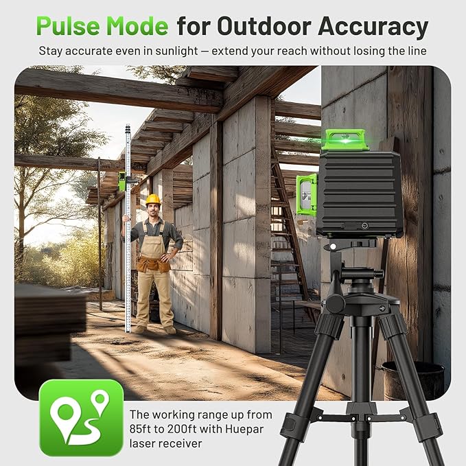 HUEPAR Laser Level 360 Self Leveling, Rechargeable 3D High Brightness Green Laser 3x360° Best Laser Leveler Tool for Construction and Picture Hanging, Strong Magnetic Bracket & Hard Suitcase -B03CG