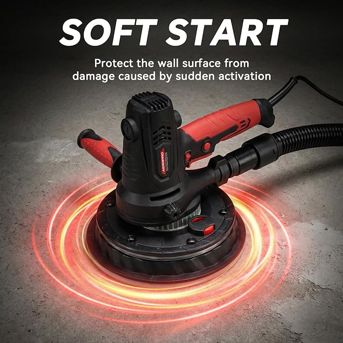 AEROPRO Tools Electric Drywall Sander 800W with Vacuum Dust Collection, Popcorn Ceiling Remover, 1200-2300RPM, Soft Start, LED Light, Auxiliary Handle, 12 Sanding Discs & 1 Polishing Pad
