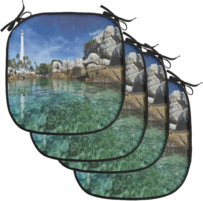 Lunarable Lighthouse Chair Cushion Pads Set of 4, Lighthouse Clear Water Palm Trees Summer Sky Rocky Shoreline Seascape, Anti-Slip Seat Padding for Kitchen & Patio, 16"x16", Teal Blue Grey