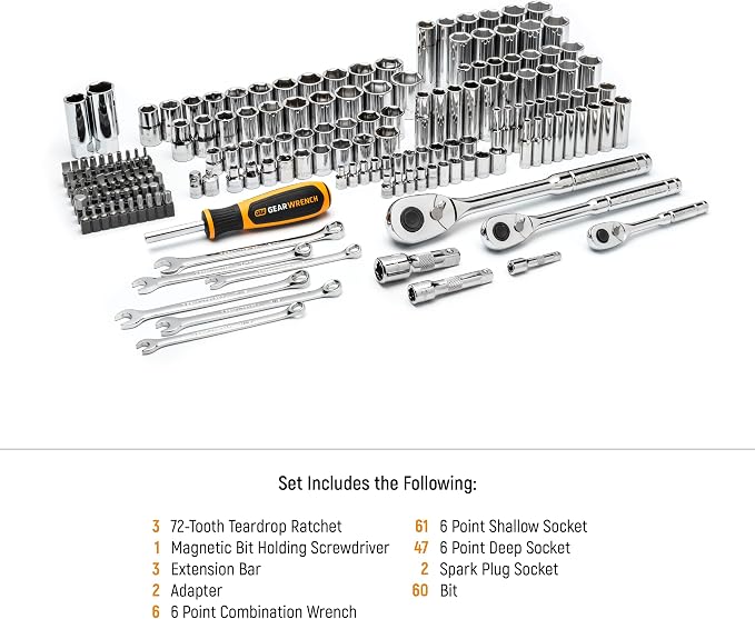 GEARWRENCH 185 Piece 1/4”, 3/8” & 1/2" Drive 72-Tooth SAE/Metric Mechanics Hand Tool Set