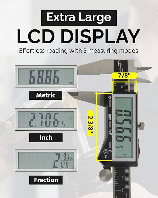 iGAGING EZCal Digital Caliper 0-8"/200 mm - IP54 Electronic Caliper with Extra-Large LCD Display - Quick & Accurate Measurements in Inch, Metric, & Fraction Modes - Includes Case, Manual, & Battery