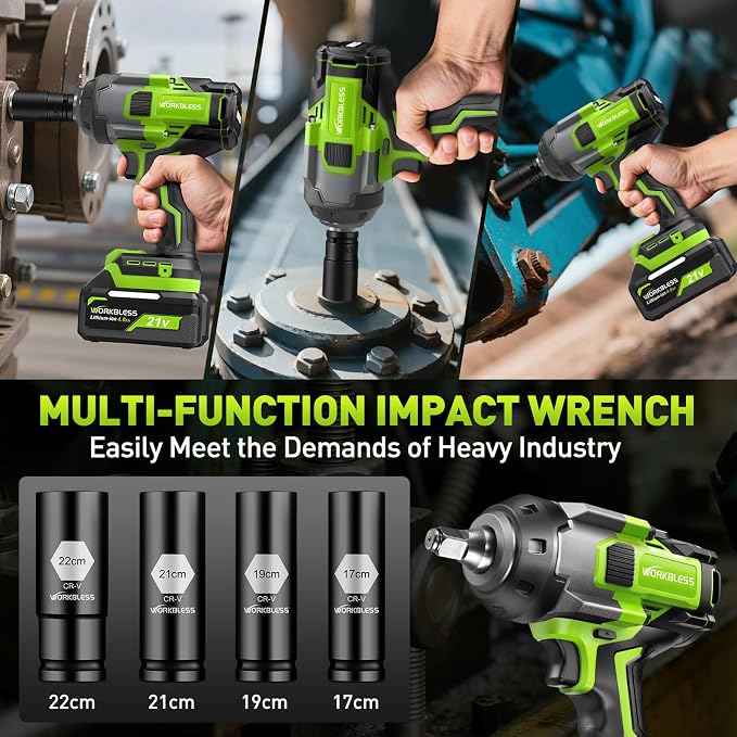 Cordless Impact Wrench 1/2" 1100Ft-lbs(1500N.m) W/ 21V 2 Battery | High Torque Impact Driver,4.0Ah Battery Electric Brushless Impact Gun for Car/Heavy Truck/Pickup,3-Speed,4 Socket,LED Light