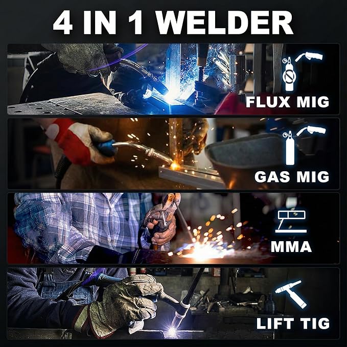 BESTMIG 145A 4-in-1 Multi-Process Welder, 110V/220V MIG/TIG/MMA/Stick Welding Machine, Gas & Gasless Flux Core Welder with Synergy IGBT Inverter, Includes Welding Helmet & Gloves