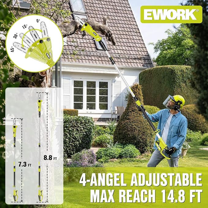 EWORK Electric Pole Saws for Tree Trimming 20V 8-Inch Cordless Pole Chainsaw, Extension to 14.8-Ft, 4-Angle Adjustable Head, Tool-Free Tensioning with 2x2.0Ah Battery & Fast Charger