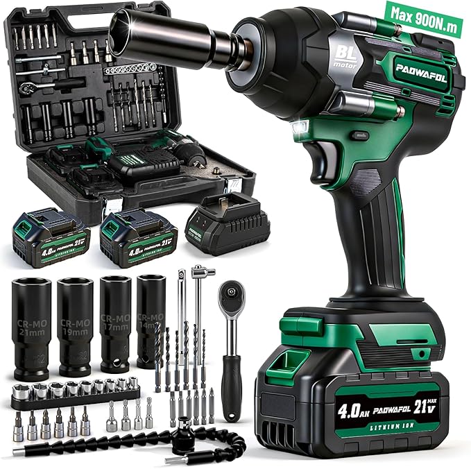Impact Wrench 665 Ft-lbs(900N.m) 2200IPM, 1/2 Impact Gun with 21V 2x4.0AH Battery, Power Impact Driver 22 Drill Bits & 4 Sockets, Cordless Ratchet Wrench Set Gifts for Men Car Tire Lug Nut