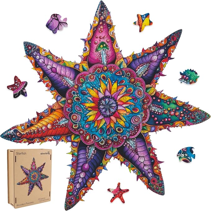 Qiuenisray Wooden Puzzles for Adults, Starfish Ocean Jigsaw Puzzles | 200 Pieces, FSC Certified Unique Shape Animal Adult Puzzles, Unique Wood Puzzle, Best Gift for Family Game 14.3x14.3 in