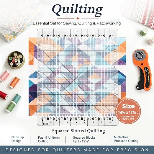 14-1/2" x 17-3/4" Slotted Quilting Ruler, Thickened Clear Acrylic Multi-Strip Template, Non-Slip Grip for Rotary Cutting, 1.5 & 2.5 Inch Strips, Jelly Rolls & Patchwork Squares
