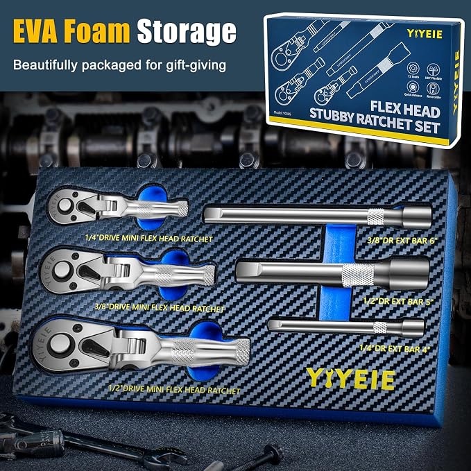 YIYEIE Stubby Flex Head Ratchet Set, 6PCS Stubby Ratchet Set 1/4 3/8 1/2 inch with 3 Extension Bars, 72 Tooth Reversible & Quick-Release, 180° Swivel Head Mini Handle with EVA Foam