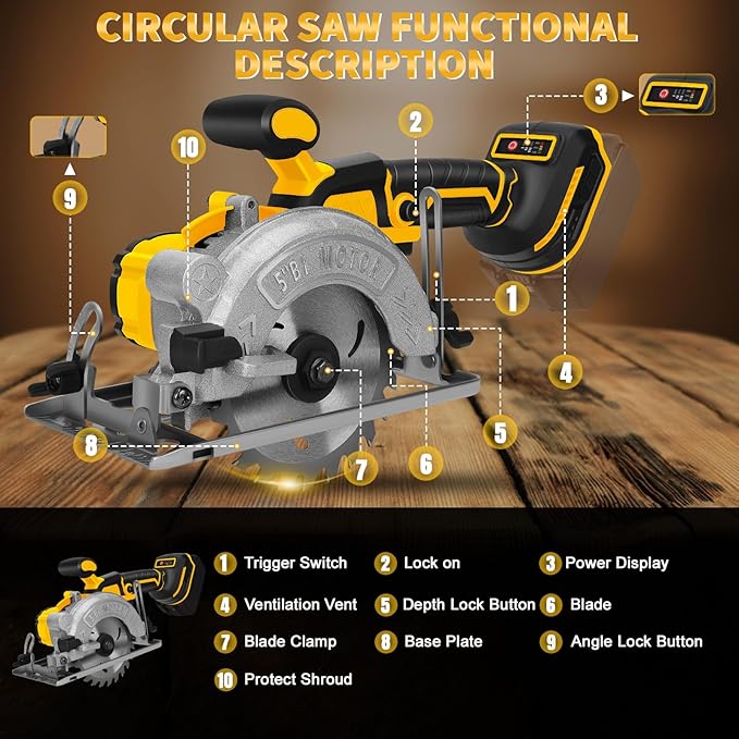 5 Inch Cordless Circular Saw for Dewalt 20V Battery (No Battery), Power Wood Saw with Brushless Motor, 0-45° Cutting Bevel, Max Cutting Depth 1.6"(90°), 1.28"(45°), Idea for Wood, Plastic, Soft Metal