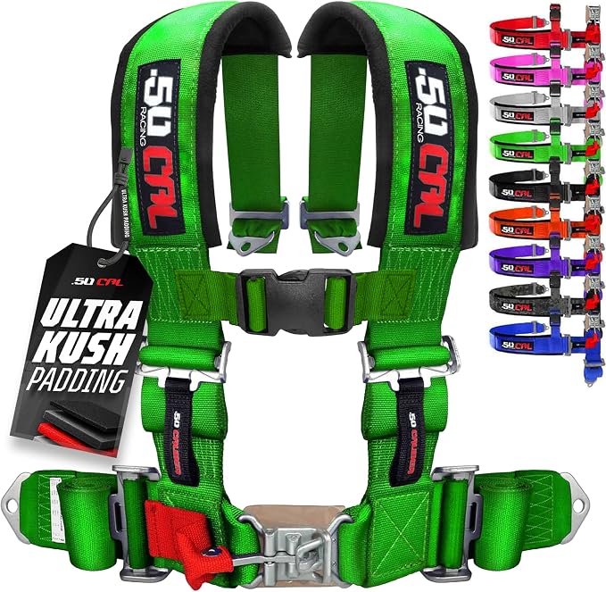 1pc 50 Cal Green 4 Point Harness 2 inch straps, Racing Harness Seat Belt | Ultra Kush padding, Push Button quick release hardware. Universal Fit for UTV, RZR, race car