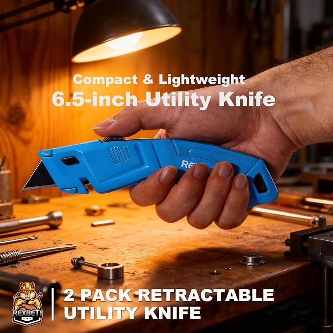 REXBETI 2 Pack Utility Knife with Extra Blades, 2 Color Retractable Blade Heavy Duty Box Cutter for Cartons，Cardboard and Boxes，Extra 10 Blades Included