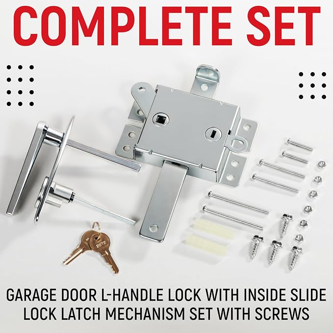Garage Door Lock Kit, Keyed L-Handle with Inside Slide Lock Latch Mechanism, Complete Replacement Set with 2 Keys, Mounting Hardware Included, Fit to 1"–2 3/8" Thick Doors (Manual Operation)