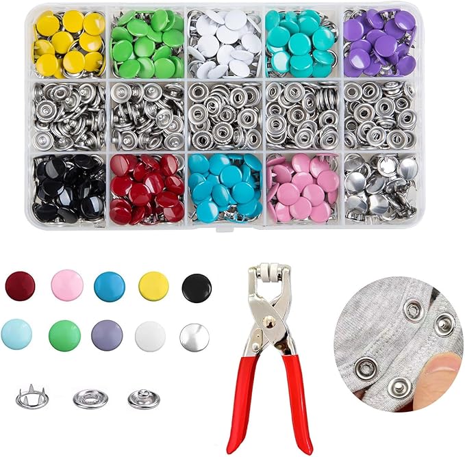 200 Sets Metal Snap Buttons Kit with Fastener Pliers Press Tool - 800 PCS 9.5mm Snap Fasteners for DIY Crafts, Clothing, Hats, Sewing, and Fabric Projects (Colorful1)