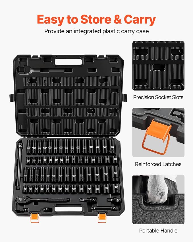 VEVOR 65-Piece 1/2" Drive Impact Socket Set, SAE (3/8" to 1-1/4") & Metric (10 to 24 mm), CR-V, Deep & Shallow, 6 Point, Ratchet Handle, Universal Joint, Adapters, Extension Bars (3, 5, 10 in)