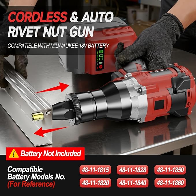 Cordless Rivet Nut Gun for Milwaukee 18V Battery, Electric Rivet Nut Tool with 1/4", 5/16", 3/8" Nut Head, Portable Battery Powered Rivetnut Tool, Auto Mode & Memory Mode, Tool Only