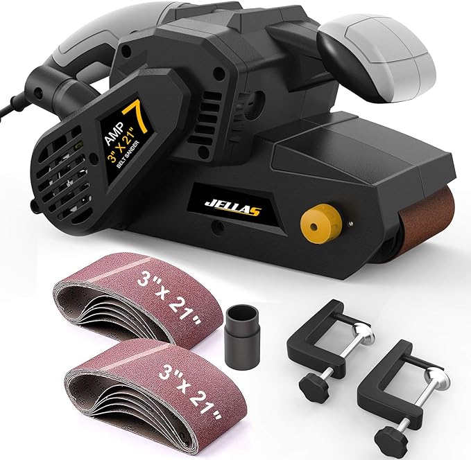Jellas 3 × 21-Inch Belt Sander with Dust Bag, 7Amp Sander Machine with Variable-speed Control, 2 in 1 Vacuum Adapters, 10Feet (3 meters) Length Power Cord