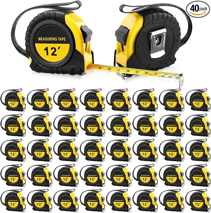 40 Pieces Tape Measure 12 ft Retractable Measuring Tape Bulk with Fractions Marked Easy Read Yellow Measuring Tape Bulk Set for Engineer Contractors, Autowind and Lock