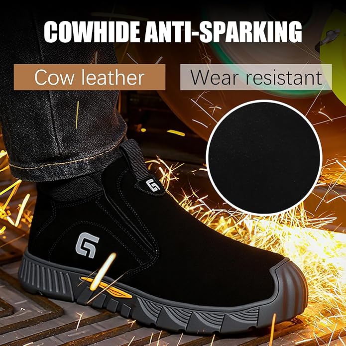 GLANOUDUN Welding Work Boots for Men Slip on Steel Toe Shoes for Men Indestructible Steel Toe Boots Welder Men's Working Shoes Fireproof Safety Footwear for Construction Men's Work & Safety Footwear