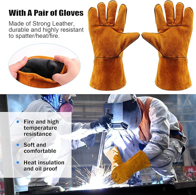 Glarks 4Pcs 10'' Chipping Hammer With Coil Spring Handle and Wire Brush, Pair of Welding Gloves for Removing Slag and Residue