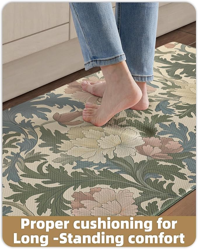 Color&Geometry Floral Kitchen Mat 24"x87", Anti Fatigue Kitchen Mats for Floor, Kitchen Rugs Non Slip, Waterproof & Oil Proof Padded Runner for Standing Desk Office, Sink -Beige