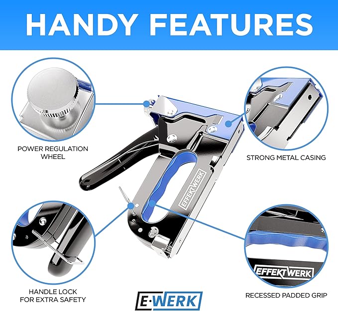E•Werk - 5-in-1 Staple Gun Set - Heavy-Duty Stapler w/ 1500 Staples & Staple Remover for Wood, Fabric, Carpet & Wire Mesh - Hand Tacker w/Power Adjustment for Construction, Crafts & Upholstery Work
