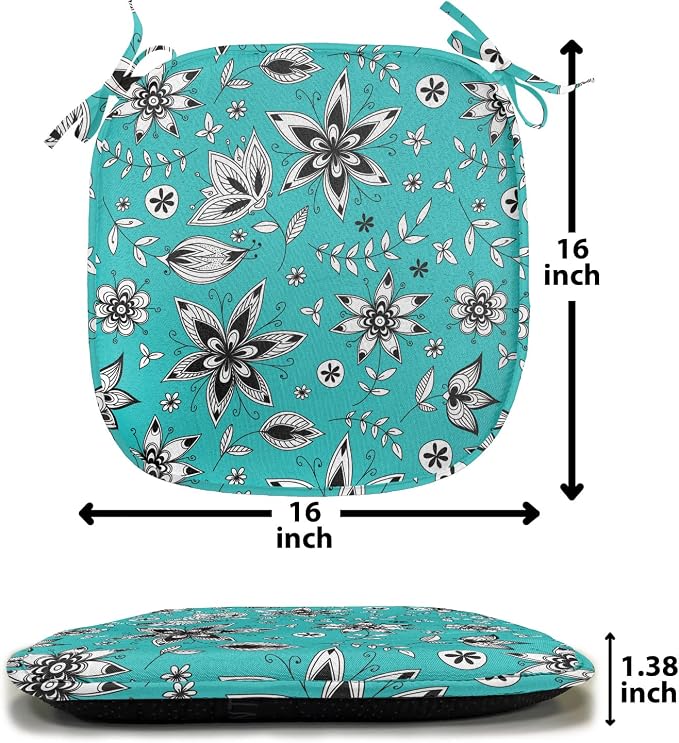 Lunarable Flower Chair Seating Cushion Set of 8, Abstract Monochrome Floral with Botanical Items, Anti-Slip Seat Padding for Kitchen & Patio, 16"x16", Seafoam Grey