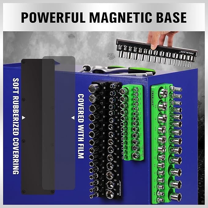 SWANLAKE 4-Piece Magnetic Socket Organizer Set, Metric & SAE Socket Holder Set Includes 1/4", 3/8" Drive Sockets Trays, Magnetic Sockets Organizer for Tool Box Drawer