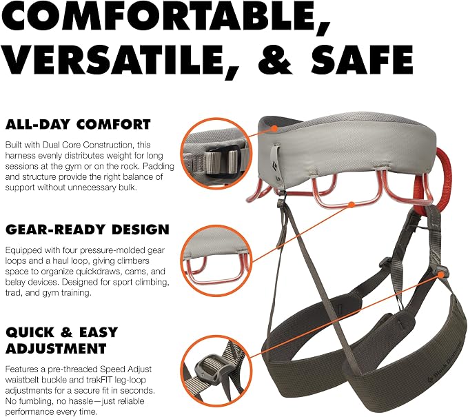 BLACK DIAMOND Men's Momentum Rock Climbing Harness, Adjustable Loops | trakFIT leg loops, pre-threaded buckle, gear loops organize quickdraws, cams, belay tools, and essentials
