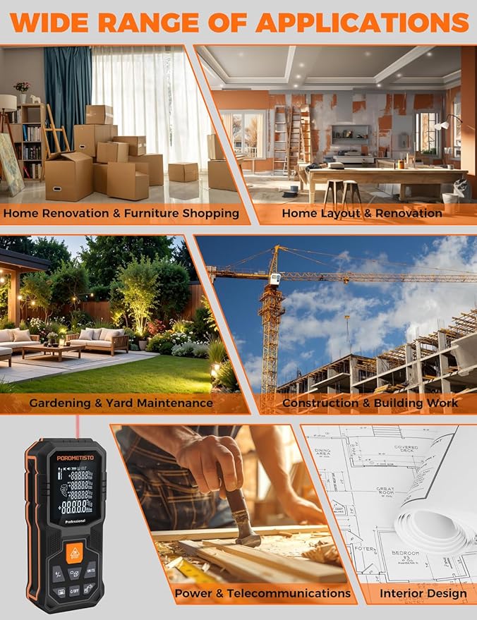 Laser Distance Meter POROMETISTO 164ft/50m, Digital Angle Finder, 12 Modes for Angle Area Volume Pythagorean Distance, ±2mm High Accuracy, Tripod Interface Design Handheld Digital Rangefinder