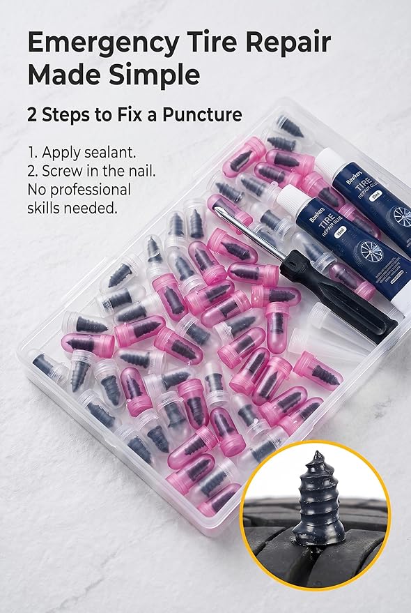 65 PCS Tire Repair Rubber Nails Kit with 2 Tubes of Black Tire Sealant Glue, 2026 New Screw in Tire Plugs Kit, Fast Self-Service Tire Repair Screws Kit for Car Motorcycle Truck Tractor Puncture Repair