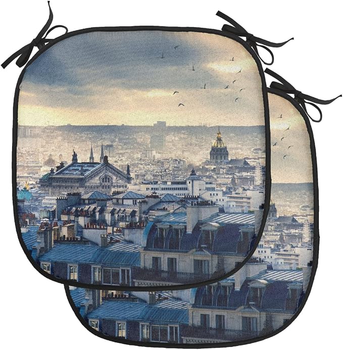 Lunarable Paris Chair Cushion Pads Set of 2, Paris Cityscape from Montmartre Rooftops Flying Bird Pigeons Foggy Sunrise, Anti-Slip Seat Padding for Kitchen & Patio, 16"x16", Dark Blue Yellow
