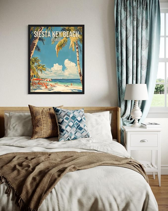 Siesta Key Beach Florida Black Framed Wall Art Print Poster, US Vintage Retro Beach Scenery Posters Prints for Restroom Home Picture Painting Artwork Gallery 219 (Siesta Key Beach Florida, 14"L x 11"W, Black Frame)