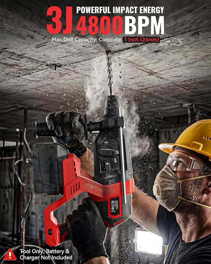 MtiolHig 1" SDS-Plus Cordless Rotary Hammer Drill Compatible with Milwaukee 18V Battery, 3J Impact Energy Brushless Motor, 7-Speed Variable 4-Mode with 5 Chisel/Bit Set for Concrete/Masonry, Tool Only
