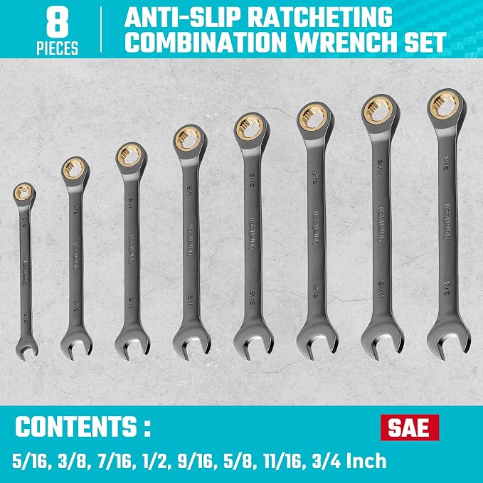 DURATECH 10-Piece Anti-Slip Ratcheting Wrench Set, SAE 5/16" - 3/4" | Combination Wrench Set, 72-Tooth, Nickel Plating, CR-V Steel, With Pouch