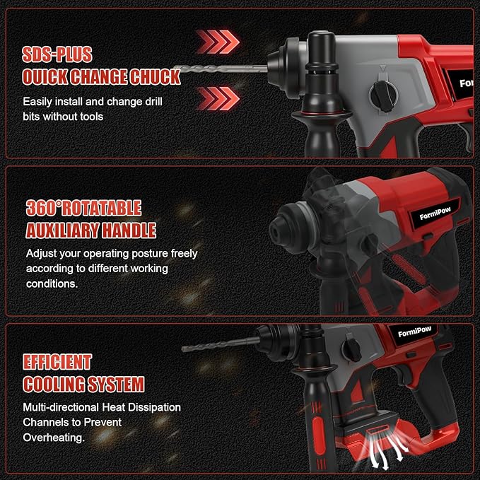 SDS-Plus Rotary Hammer Drill for Milwaukee M18 Battery, 3J Impact Brushless Rotary Hammer with 2 Mode Operation, Cordless Hammer Drill with 3 SDS Plus Bits & Chisel Set (No Battery)