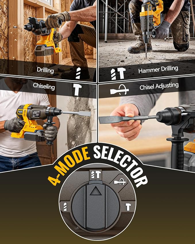 MtiolHig 1" SDS-Plus Cordless Rotary Hammer Drill Compatible with DEWALT 20V Battery, 3J Impact Energy Brushless Motor, 7-Speed Variable 4-Mode with 5 Chisel/Bit Set for Concrete/Masonry, Tool Only